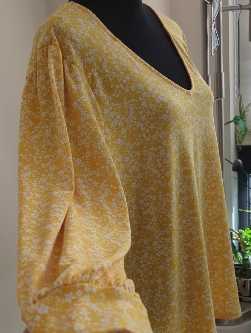 Adrianna Papell Yellow Floral V-Neck Blouse Balloon Sleeve Top 1X